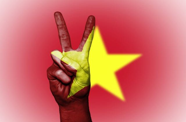 dentamed holidays 11 dental and medical holidays in Vietnam Hand showing peace sign in front of Vietnam national flag promoting affordable and culturally rich travel destinations
