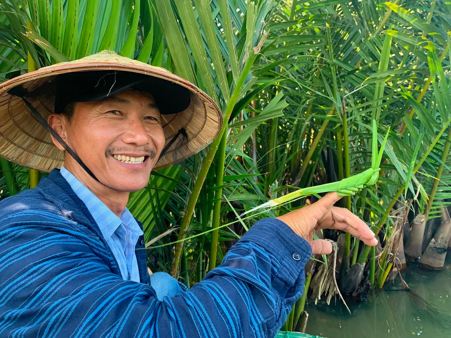 Vietnamese fisherman smiling and displaying a giant praying mantra bug in Hoi An, a popular holiday destination in Vietnam 