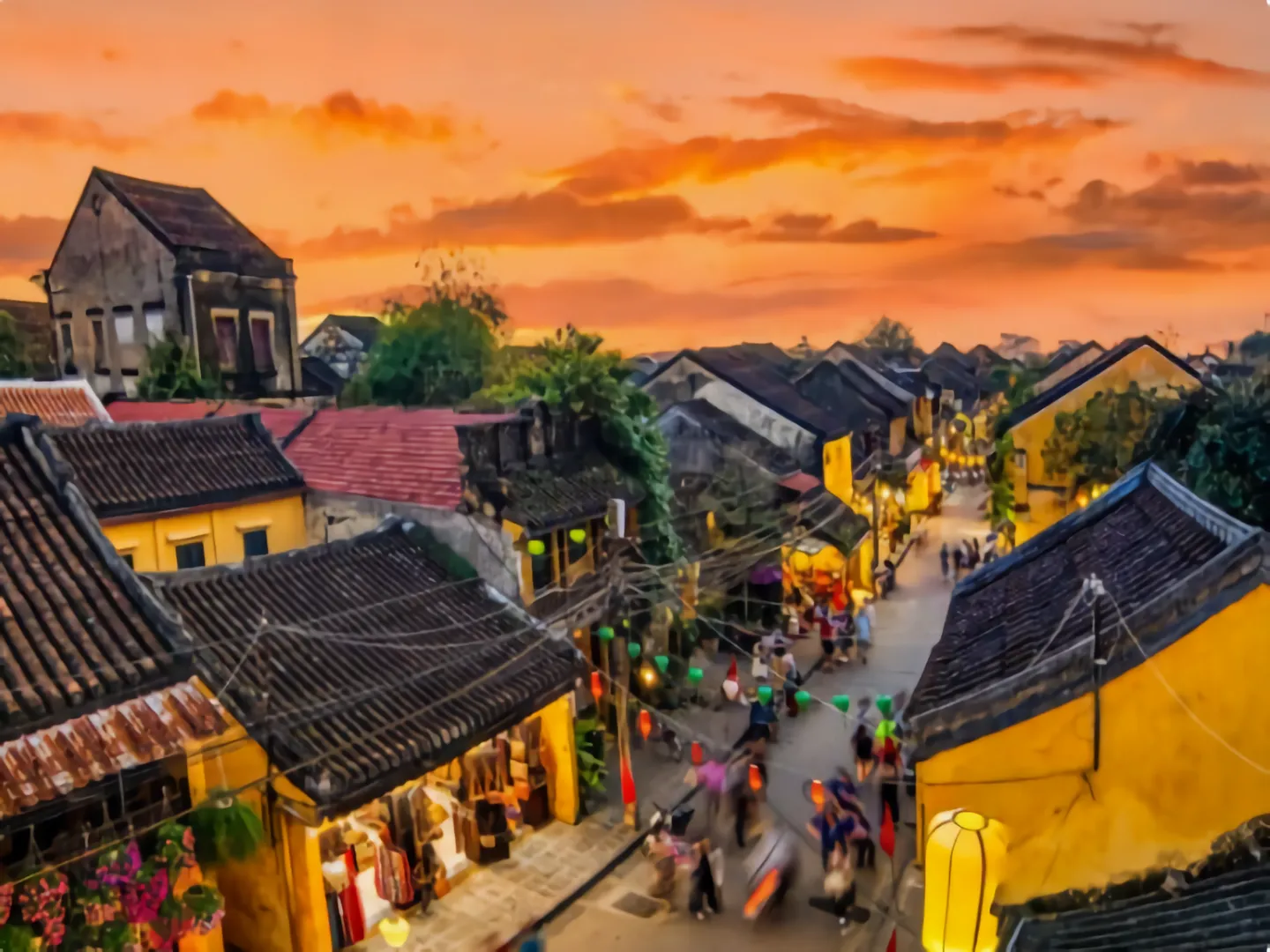 Aerial shot of Old Town tourist area at sunset in Hoi An, a popular holiday destination in Vietnam