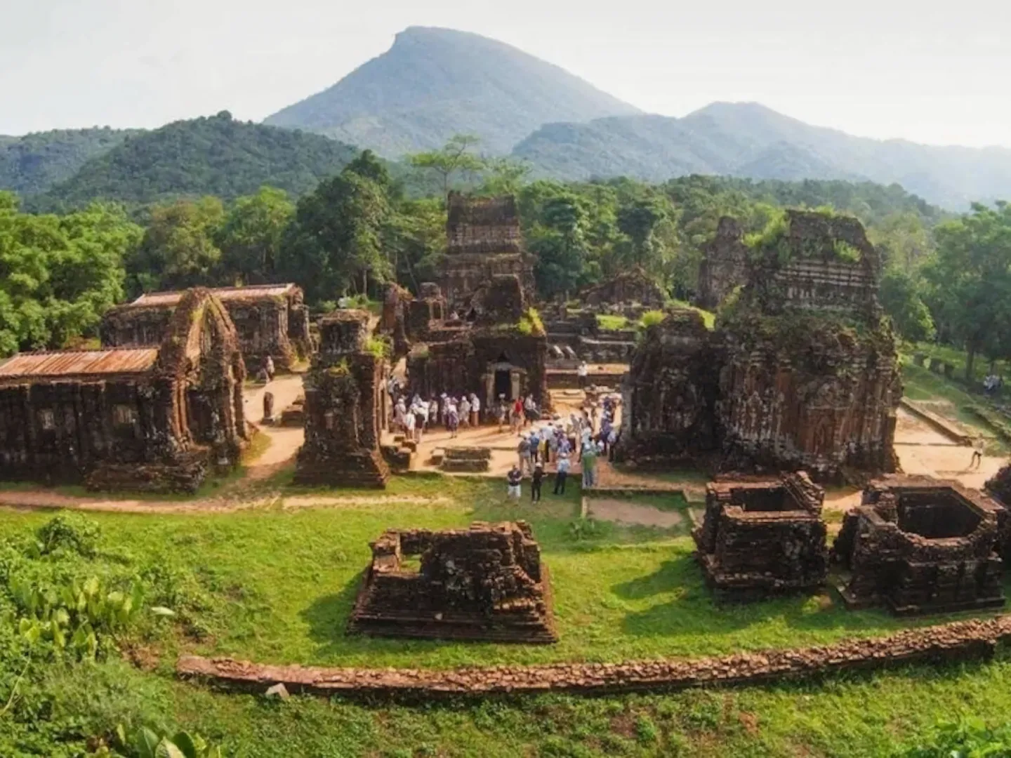  Aerial shot of ruins of My Son Sanctuary – a UNESCO heritage site near Hoi An, a popular holiday destination in Vietnam 