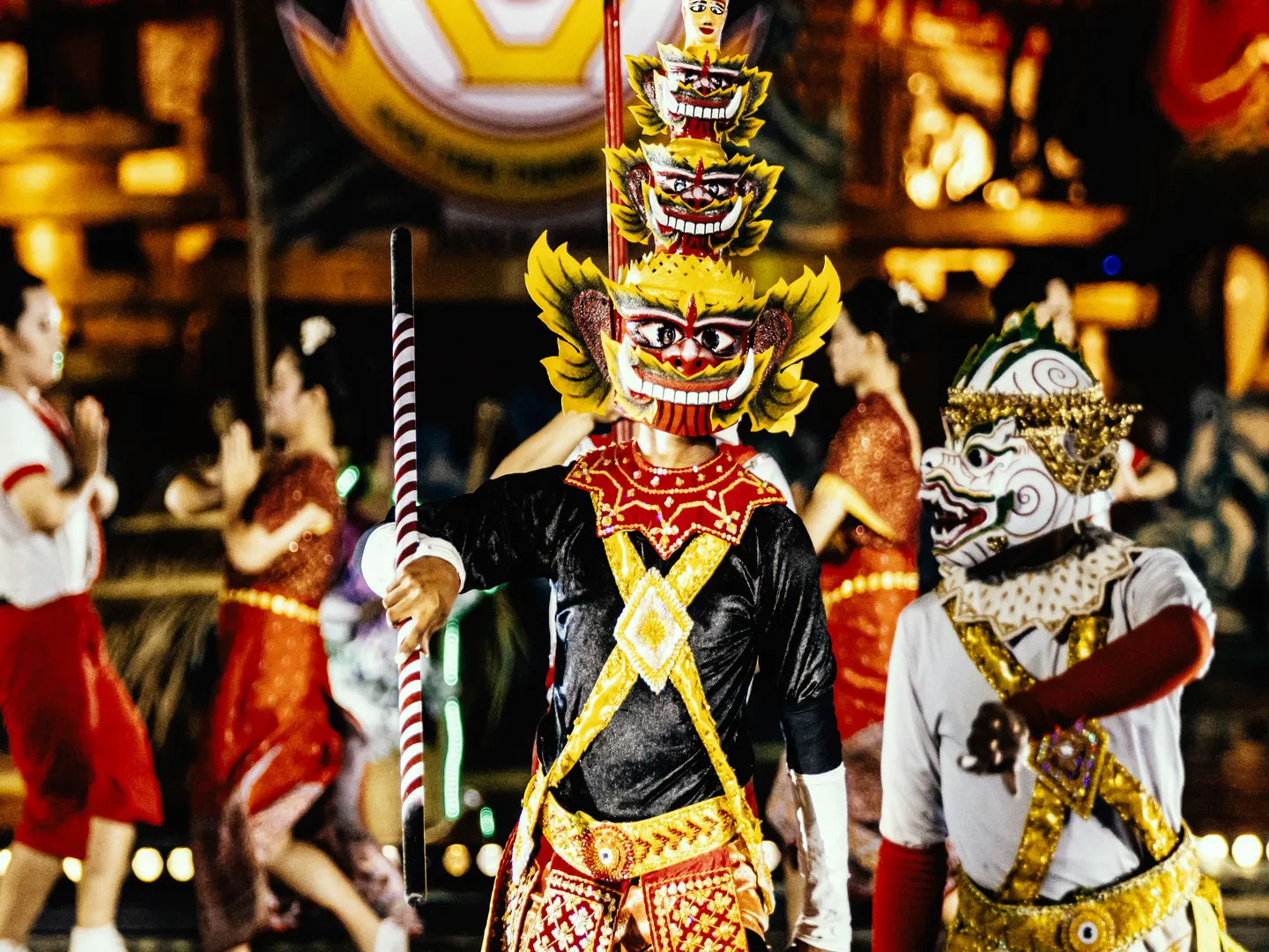  Mythical creatures impersonated by artists in masks during a street parade in Suoi Tien theme park located in Ho Chi Minh City, a popular holiday destination in Vietnam 
