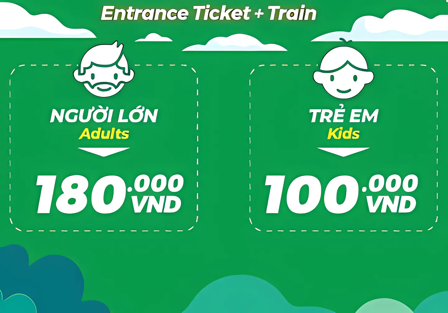 Artwork of entry fee prices for adults and kids to Suoi Tien Theme Park in Ho Chi Minh City, a popular holiday destination in Vietnam