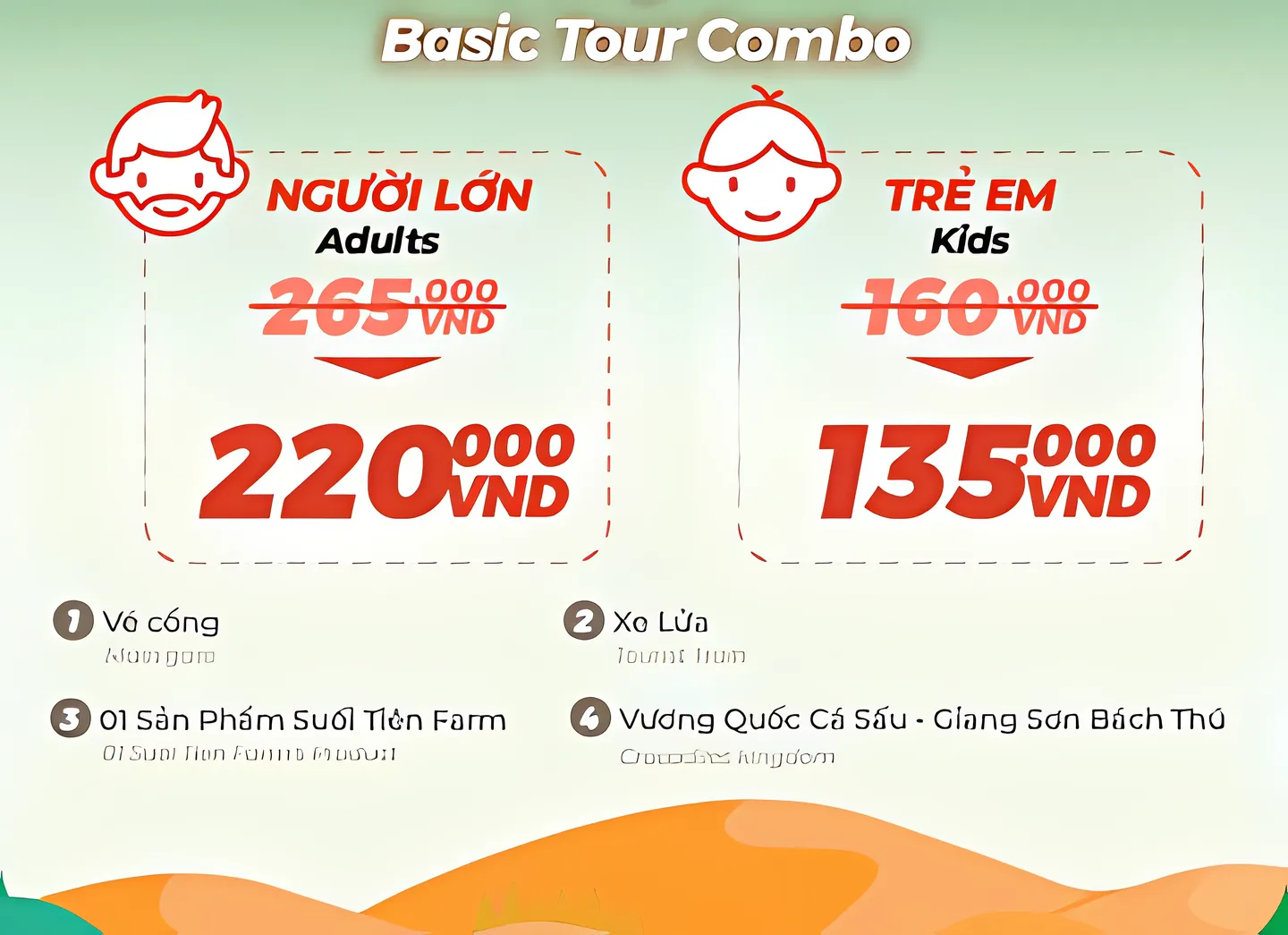 Artwork of entry fee prices for adults and kids to Suoi Tien Theme Park in Ho Chi Minh City, a popular holiday destination in Vietnam