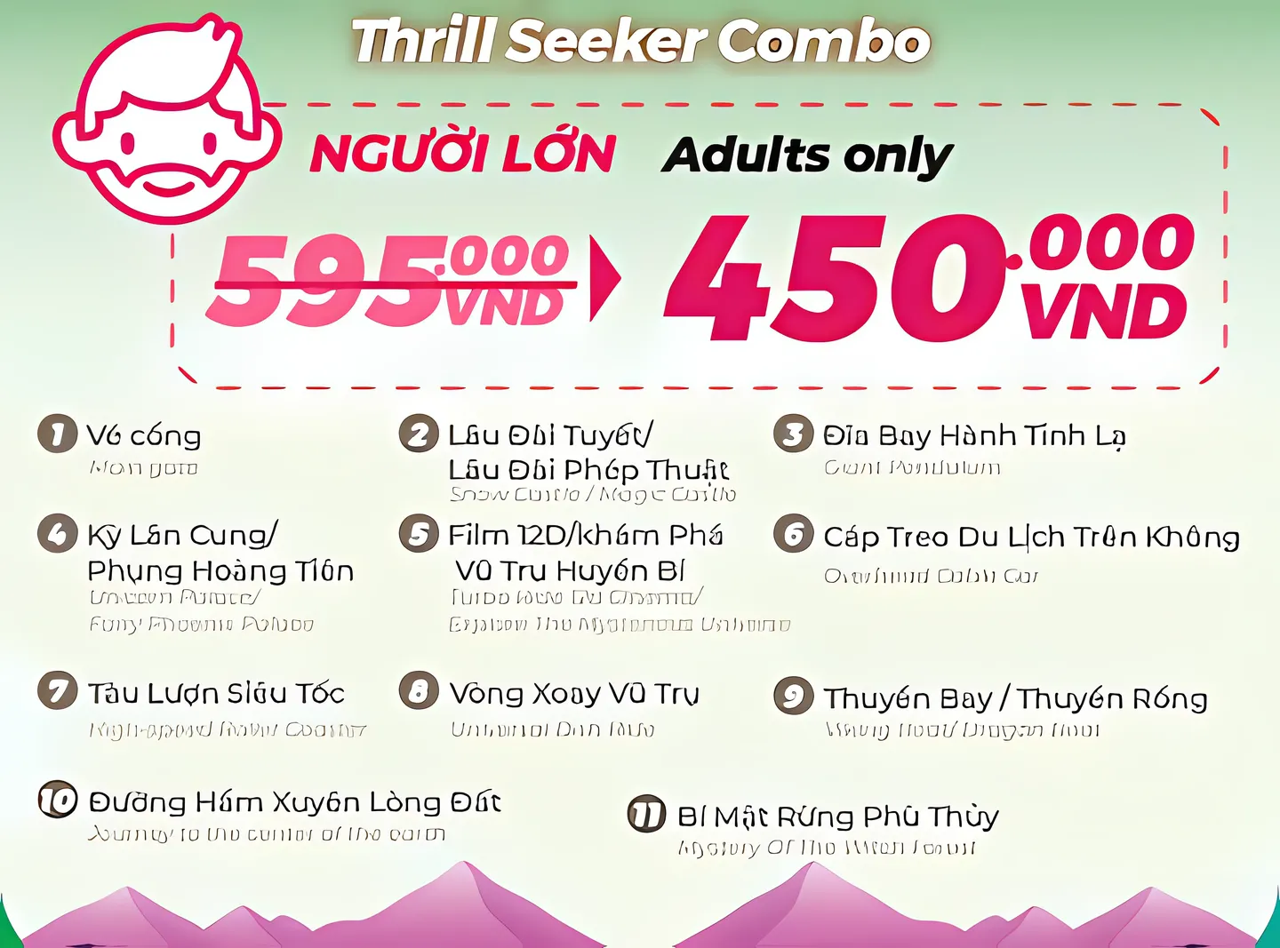 Artwork of entry fee prices for adults and kids to Suoi Tien Theme Park in Ho Chi Minh City, a popular holiday destination in Vietnam