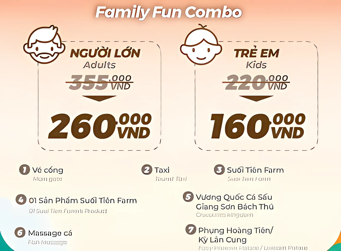 Artwork of entry fee prices for adults and kids to Suoi Tien Theme Park in Ho Chi Minh City, a popular holiday destination in Vietnam