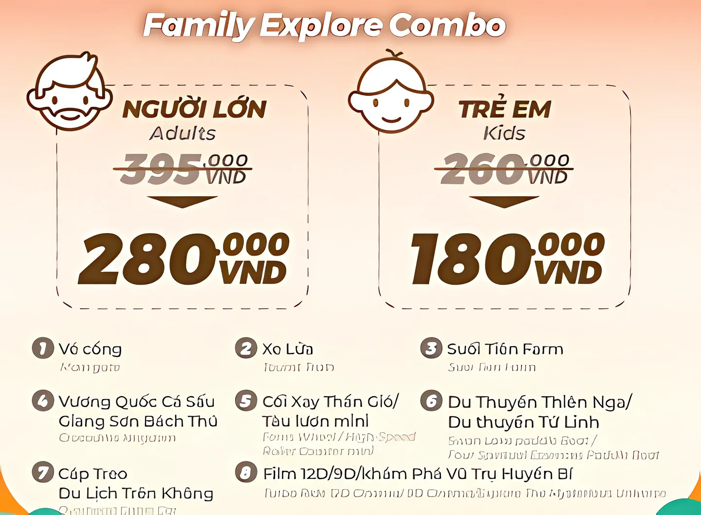 Artwork of entry fee prices for adults and kids to Suoi Tien Theme Park in Ho Chi Minh City, a popular holiday destination in Vietnam
