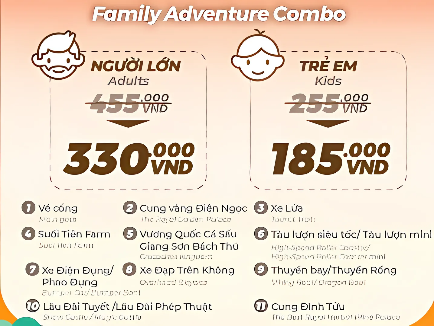 Artwork of entry fee prices for adults and kids to Suoi Tien Theme Park in Ho Chi Minh City, a popular holiday destination in Vietnam