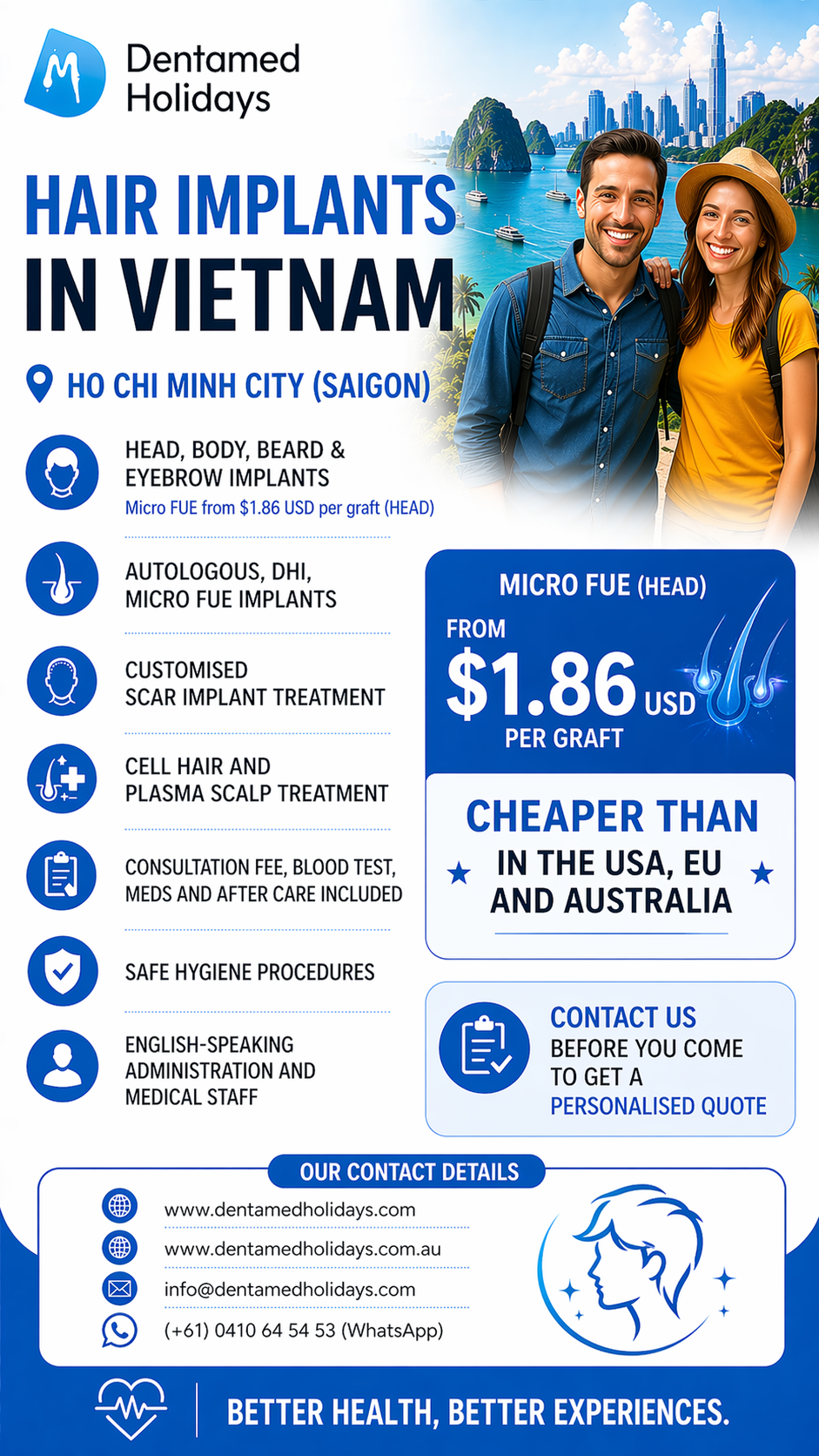 Hair transplant Vietnam Ho Chi Minh City with DentaMed Holidays affordable micro FUE hair implants beard eyebrow scalp treatment for international patients from Australia USA and Europe