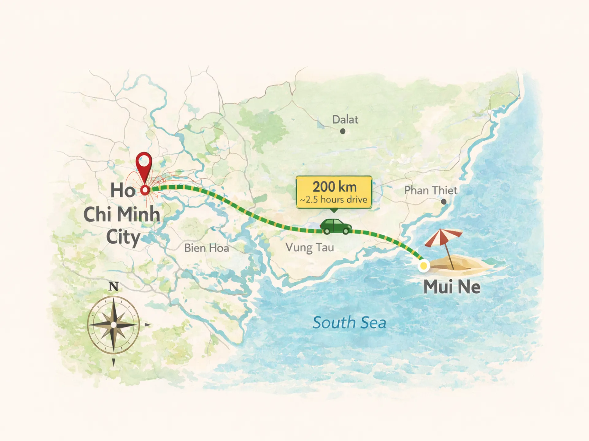 map showing distance and route from Ho Chi Minh City to Mui Ne Vietnam along South Sea coastline