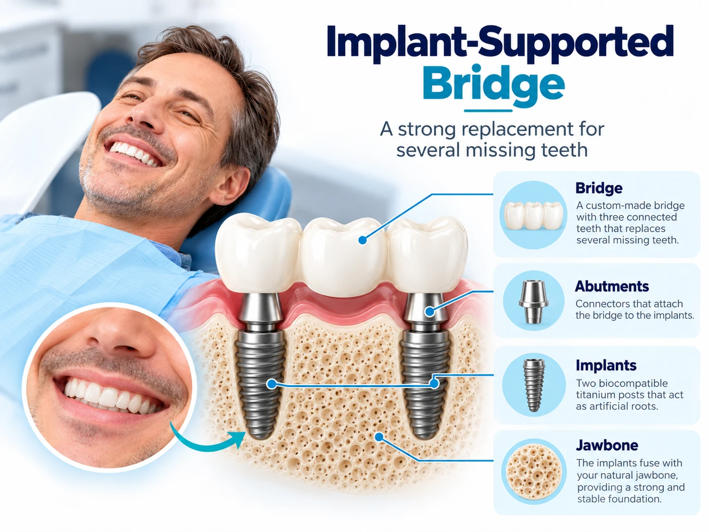 Multiple dental implants supporting a fixed bridge for missing teeth in Vietnam