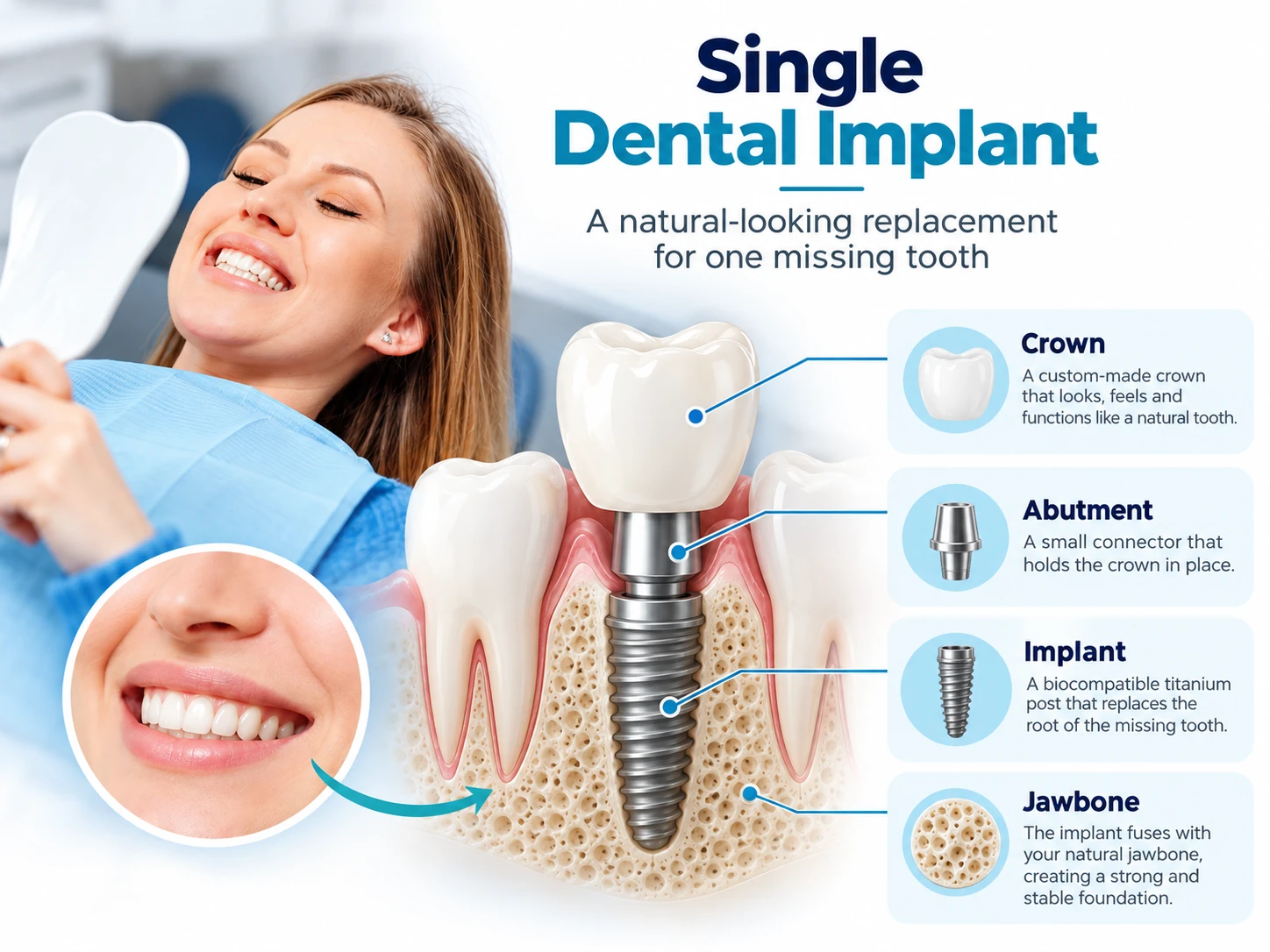 Single dental implant in Vietnam showing implant fixture, abutment and crown